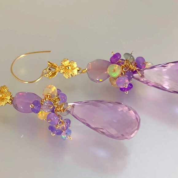 14K Gold Pink Amethyst Opal Gemstone Briolette Earrings - Picture 3 of 7